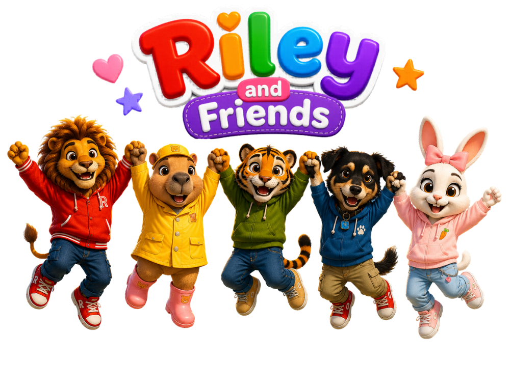 Riley and Friends - five animated animal characters jumping together with the Riley and Friends logo above them