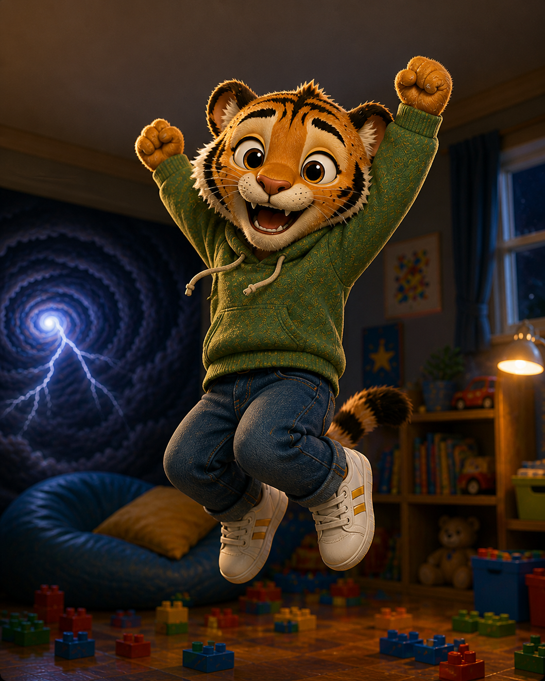 Riley the tiger jumping with an emotional storm swirling behind