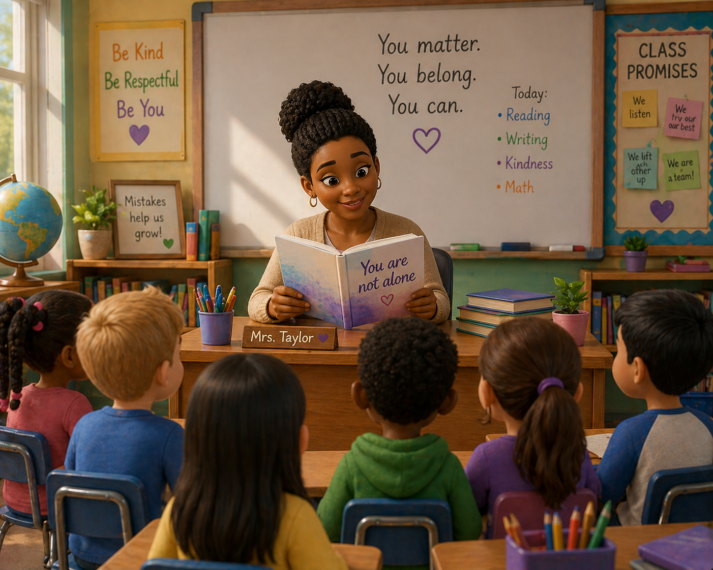 Teacher reading 'You are not alone' to children in a supportive classroom